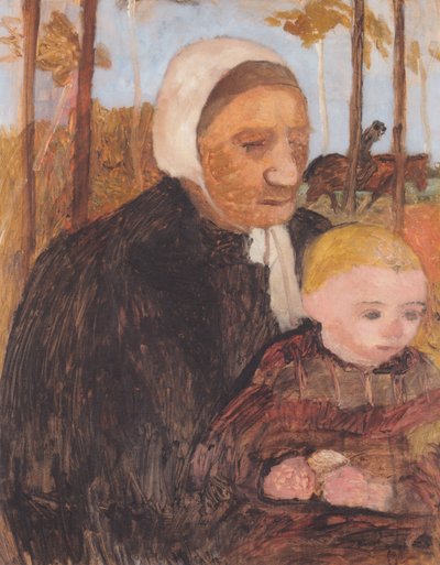 Bäuerin mit Kind, im Hintergrund ein Reiter von Paula Modersohn Becker